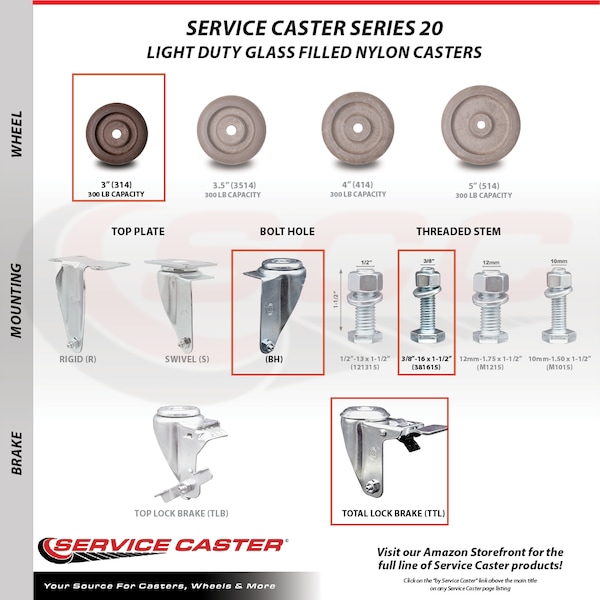 Service Caster 3 Inch SS High Temp Glass Filled Nylon 3/8 Inch Stem Caster Set Total Lock Brake SCC-SSTSTTL20S314-GFNSHT-381615-4 - main